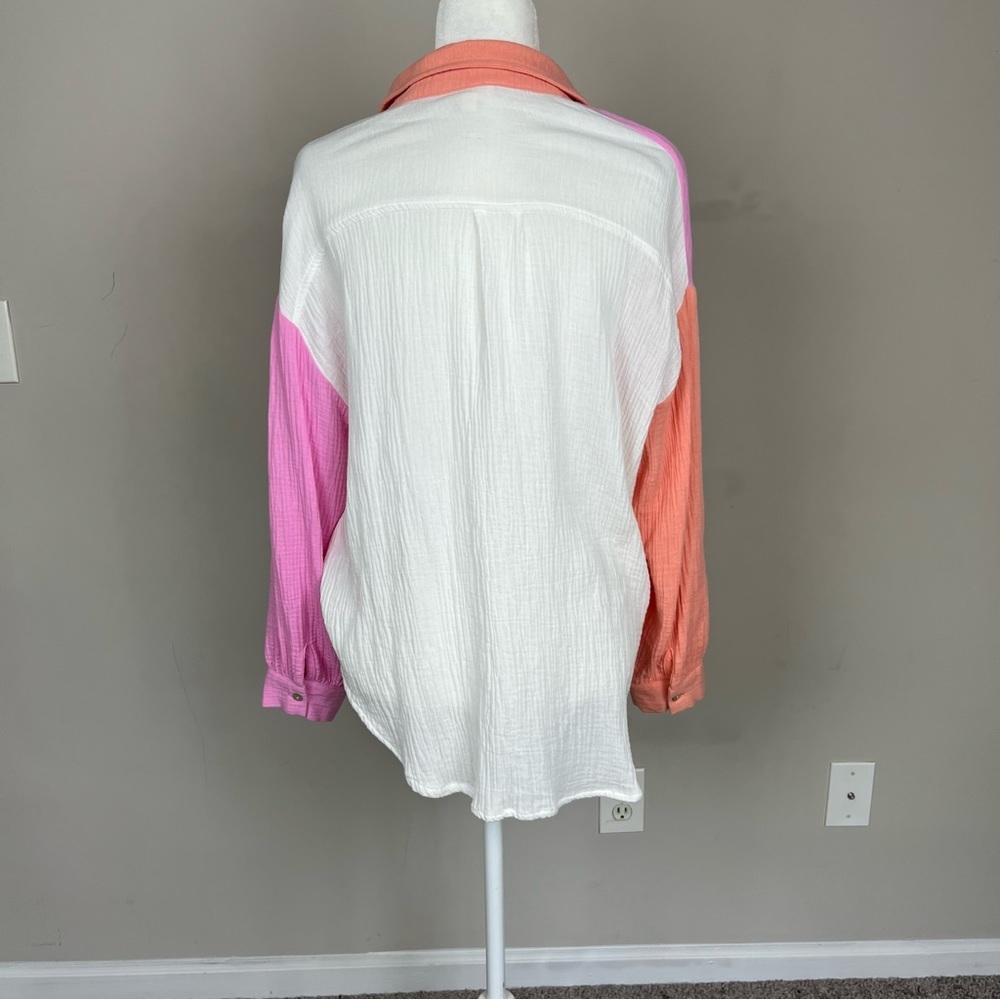 ENTRO COLOR BLOCK BUTTON UP COLLARED COTTON GAUZY TOP SIZE SMALL - Picture 12 of 15